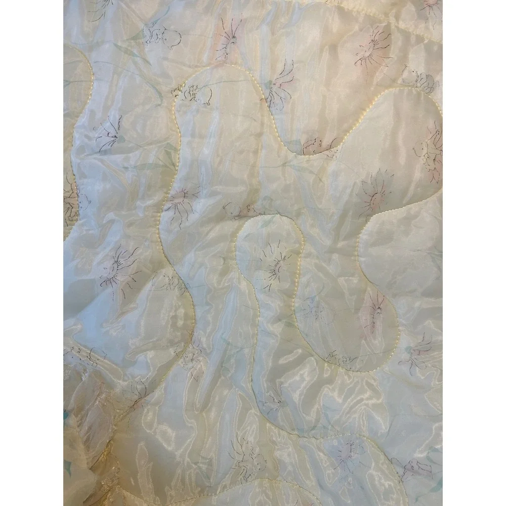 Vintage Yellow Floral Cherub Baby Comforter and Pillow Set Ruffle Lace Trim